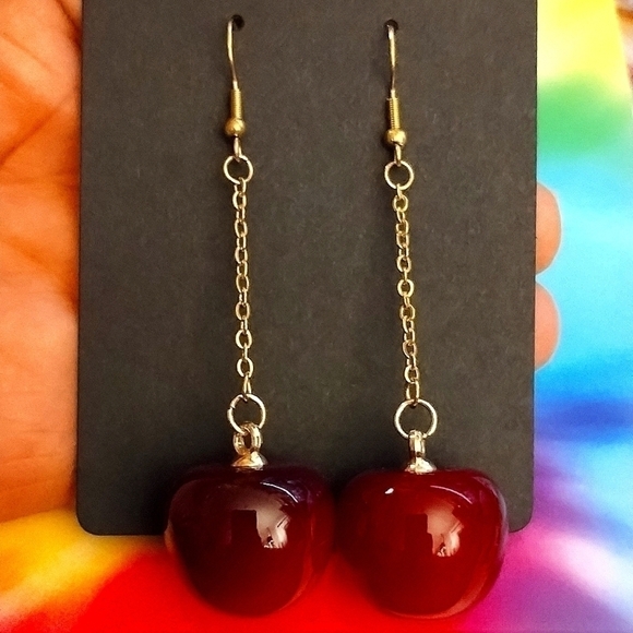HANDMADE Dangle Chain Red Cherry Earrings - Picture 2 of 8